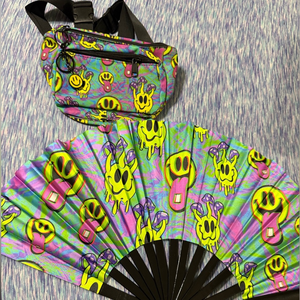 iHeartRaves Neon Smiley Face Bag and Fan Set